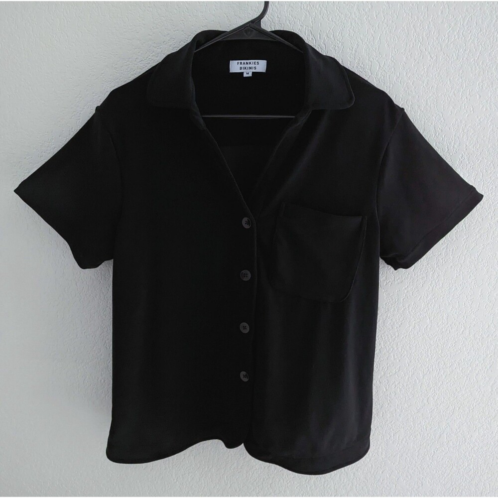 Frankies Bikinis Coco Terry Button Up Shirt Women's Size Medium Black Top